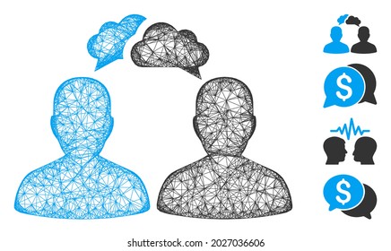Mesh persons dialog web icon vector illustration. Model is based on persons dialog flat icon. Mesh forms abstract persons dialog flat model. wireframe 2D web network isolated on a white background.