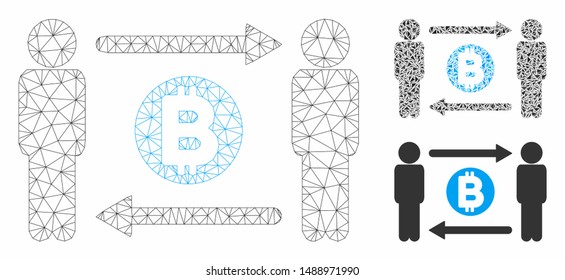 Mesh persons exchange Bitcoin model with triangle mosaic icon. Wire carcass triangular mesh of persons exchange Bitcoin. Vector mosaic of triangle elements in various sizes, and color shades.