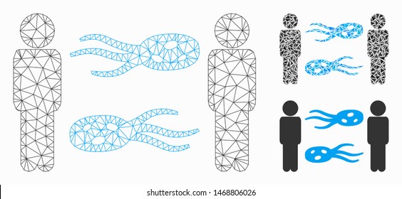Mesh persons exchange microbes model with triangle mosaic icon. Wire carcass triangular mesh of persons exchange microbes. Vector mosaic of triangles in various sizes, and color tinges.