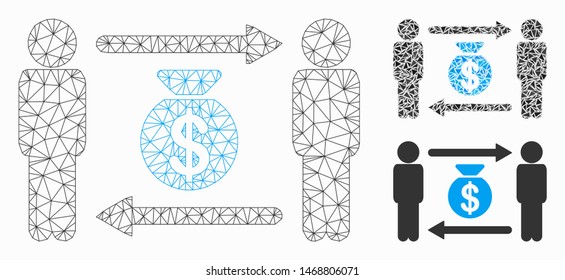 Mesh persons exchange money bag model with triangle mosaic icon. Wire frame polygonal mesh of persons exchange money bag. Vector composition of triangle parts in various sizes, and color shades.