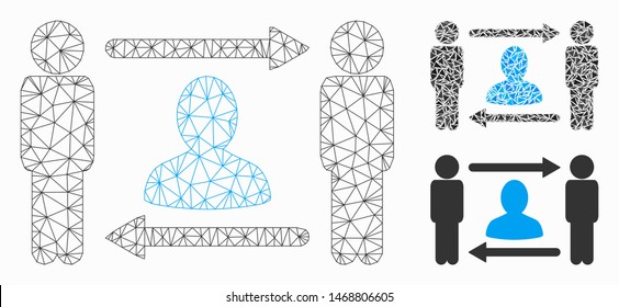 Mesh persons friend exchange model with triangle mosaic icon. Wire frame polygonal mesh of persons friend exchange. Vector mosaic of triangle parts in various sizes, and color tones.