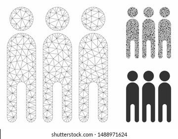 Mesh persons model with triangle mosaic icon. Wire carcass polygonal mesh of persons. Vector mosaic of triangle parts in variable sizes, and color tinges. Abstract flat mesh persons,