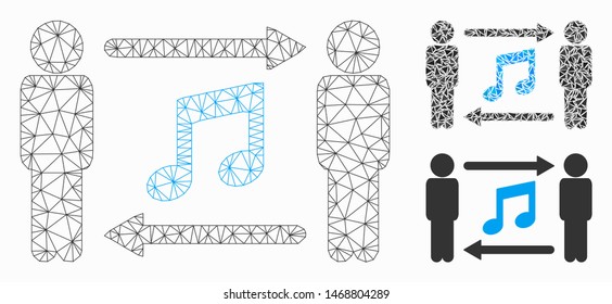 Mesh persons music exchange model with triangle mosaic icon. Wire carcass polygonal mesh of persons music exchange. Vector mosaic of triangles in various sizes, and color tinges.