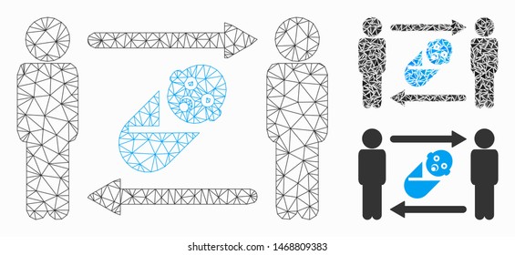 Mesh persons newborn exchange model with triangle mosaic icon. Wire carcass polygonal network of persons newborn exchange. Vector mosaic of triangle elements in variable sizes, and color tints.