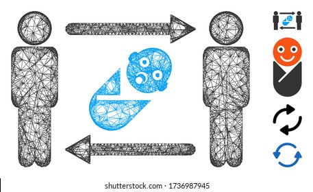 Mesh Personen Neugeborenen tauschen Web-Icon Vektorgrafik. Das Carcassmodell wird von Personen erstellt, die ein flaches Symbol für den Austausch von Neugeborenen haben. Mesh formt abstrakte Personen, die Neugeborene tauschen einen flachen Schlachtkörper aus.