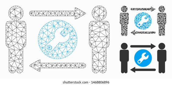 Mesh persons tools exchange model with triangle mosaic icon. Wire carcass polygonal mesh of persons tools exchange. Vector mosaic of triangle parts in different sizes, and color hues.