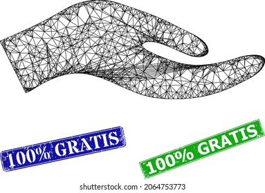 Mesh petition hand image, and 100 percent Gratis blue and green rectangular rubber stamp seals. Polygonal carcass image is based on petition hand icon. Seals contain 100 percent Gratis tag inside