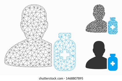 Mesh pharmacist medicine model with triangle mosaic icon. Wire frame polygonal mesh of pharmacist medicine. Vector mosaic of triangle elements in variable sizes, and color tints.