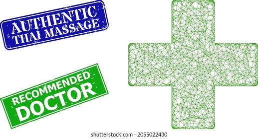 Mesh pharmacy cross image, and Authentic Thai Massage blue and green rectangular textured stamp seals. Mesh carcass illustration based on pharmacy cross pictogram.