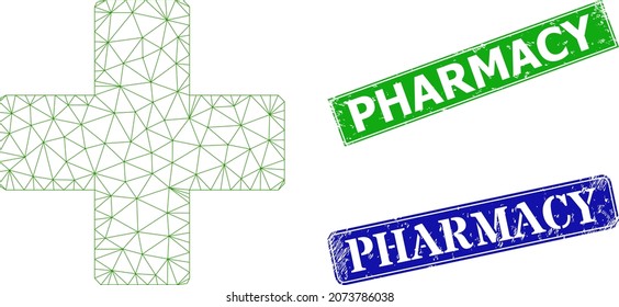 Mesh pharmacy cross image, and Pharmacy blue and green rectangle textured seal imitations. Mesh carcass image is based on pharmacy cross icon. Seals contain Pharmacy text inside rectangle frame.