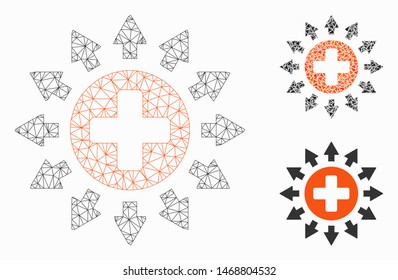 Mesh pharmacy distribution model with triangle mosaic icon. Wire frame triangular mesh of pharmacy distribution. Vector mosaic of triangles in various sizes, and color tones.