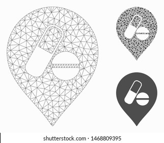 Mesh pharmacy marker model with triangle mosaic icon. Wire frame triangular mesh of pharmacy marker. Vector mosaic of triangle elements in various sizes, and color tinges.