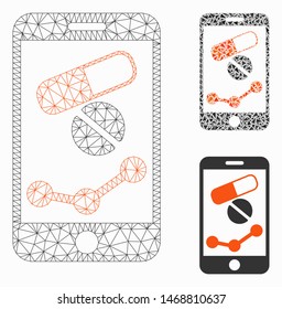Mesh pharmacy online report model with triangle mosaic icon. Wire frame triangular mesh of pharmacy online report. Vector mosaic of triangle parts in variable sizes, and color hues.
