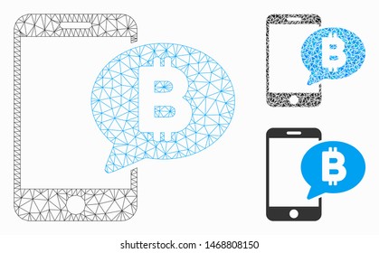 Mesh phone Bitcoin SMS model with triangle mosaic icon. Wire carcass polygonal mesh of phone Bitcoin SMS. Vector mosaic of triangles in different sizes, and color tones.