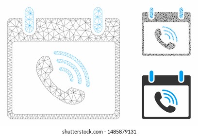 Mesh phone call calendar day model with triangle mosaic icon. Wire carcass triangular mesh of phone call calendar day. Vector mosaic of triangle elements in various sizes, and color tints.