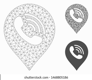 Mesh phone call marker model with triangle mosaic icon. Wire carcass triangular mesh of phone call marker. Vector mosaic of triangles in various sizes, and color tones.