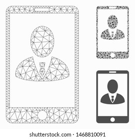 Mesh phone customer profile model with triangle mosaic icon. Wire carcass polygonal mesh of phone customer profile. Vector mosaic of triangle elements in various sizes, and color tones.