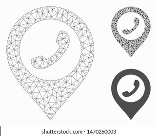 Mesh phone marker model with triangle mosaic icon. Wire frame triangular network of phone marker. Vector mosaic of triangle elements in variable sizes, and color tinges.