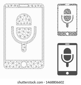 Mesh phone microphone model with triangle mosaic icon. Wire frame triangular mesh of phone microphone. Vector mosaic of triangle elements in variable sizes, and color shades.