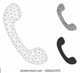 Mesh phone model with triangle mosaic icon. Wire carcass triangular network of phone. Vector mosaic of triangles in different sizes, and color tints. Abstract flat mesh phone,