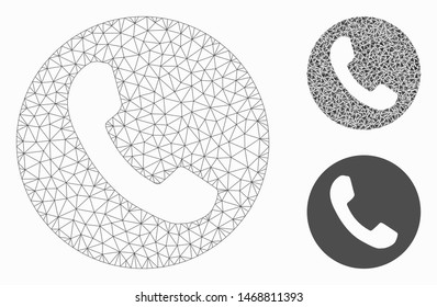 Mesh phone number model with triangle mosaic icon. Wire frame polygonal mesh of phone number. Vector composition of triangle elements in various sizes, and color tinges.