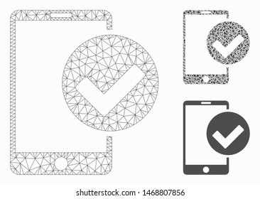 Mesh phone OK model with triangle mosaic icon. Wire carcass triangular mesh of phone OK. Vector mosaic of triangles in different sizes, and color hues. Abstract 2d mesh phone OK,
