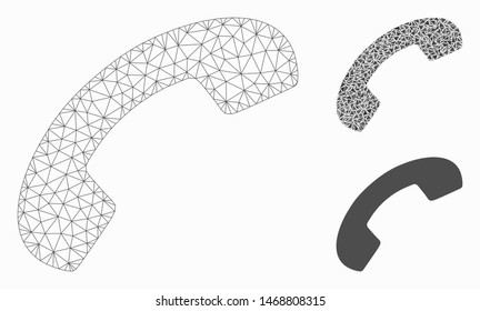 Mesh phone receiver hang up model with triangle mosaic icon. Wire frame polygonal mesh of phone receiver hang up. Vector composition of triangle elements in variable sizes, and color tints.