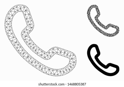 Mesh phone receiver model with triangle mosaic icon. Wire frame polygonal mesh of phone receiver. Vector composition of triangle elements in various sizes, and color tints.