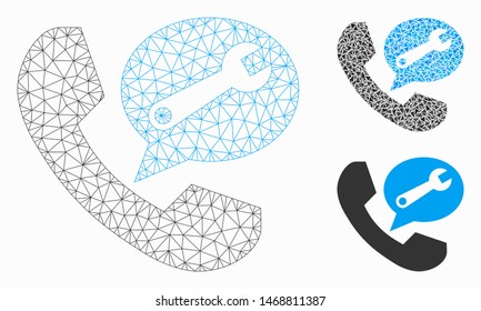 Mesh phone service message model with triangle mosaic icon. Wire frame polygonal mesh of phone service message. Vector mosaic of triangle parts in various sizes, and color hues.