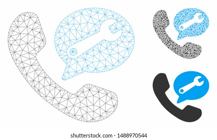 Mesh phone service message model with triangle mosaic icon. Wire carcass polygonal mesh of phone service message. Vector mosaic of triangle elements in different sizes, and color tones.