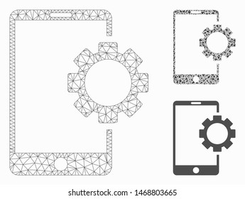 Mesh phone setup gear model with triangle mosaic icon. Wire carcass triangular mesh of phone setup gear. Vector mosaic of triangles in variable sizes, and color shades.