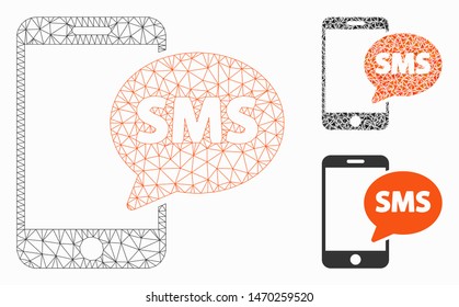 Mesh phone SMS model with triangle mosaic icon. Wire frame triangular network of phone SMS. Vector mosaic of triangle elements in variable sizes, and color tones. Abstract 2d mesh phone SMS,