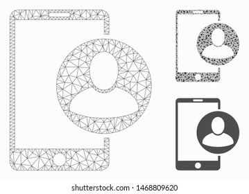 Mesh phone user profile model with triangle mosaic icon. Wire carcass triangular mesh of phone user profile. Vector mosaic of triangle elements in different sizes, and color tints.
