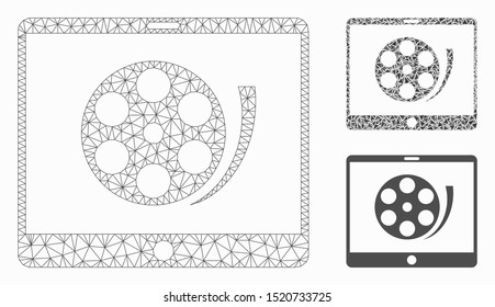 Mesh phone video reel model with triangle mosaic icon. Wire carcass triangular network of phone video reel. Vector collage of triangle parts in different sizes, and color tones.