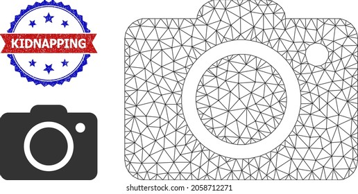 Mesh photo camera model icon, and bicolor textured Kidnapping seal. Mesh wireframe image is designed with photo camera icon. Vector seal with Kidnapping text inside red ribbon and blue rosette,