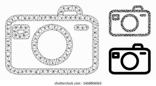 Mesh photo camera model with triangle mosaic icon. Wire carcass triangular mesh of photo camera. Vector mosaic of triangle elements in different sizes, and color tints.