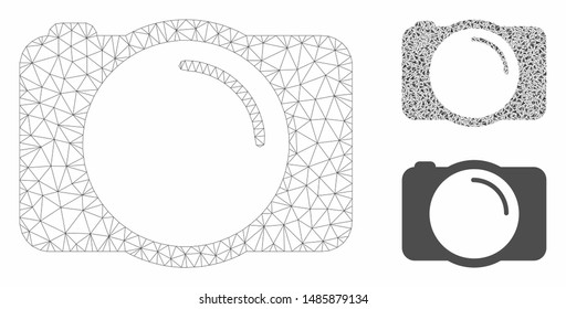 Mesh photo camera model with triangle mosaic icon. Wire frame triangular mesh of photo camera. Vector mosaic of triangle elements in variable sizes, and color shades. Abstract flat mesh photo camera,