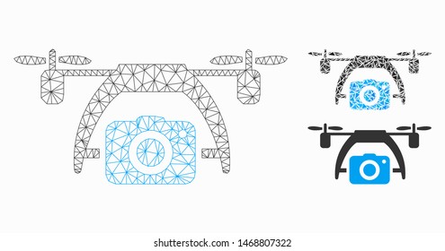 Mesh photo drone model with triangle mosaic icon. Wire frame polygonal mesh of photo drone. Vector composition of triangle elements in variable sizes, and color shades. Abstract 2d mesh photo drone,