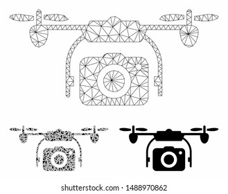 Mesh photo drone model with triangle mosaic icon. Wire carcass triangular network of photo drone. Vector mosaic of triangle parts in variable sizes, and color hues. Abstract 2d mesh photo drone,