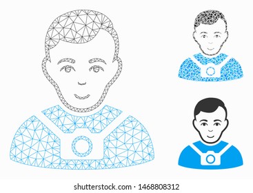 Mesh photographer model with triangle mosaic icon. Wire carcass triangular mesh of photographer. Vector composition of triangle parts in various sizes, and color shades.