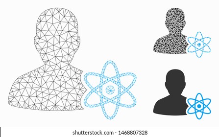 Mesh Physicist Science Model With Triangle Mosaic Icon. Wire Frame Polygonal Mesh Of Physicist Science. Vector Collage Of Triangle Elements In Variable Sizes, And Color Tones.