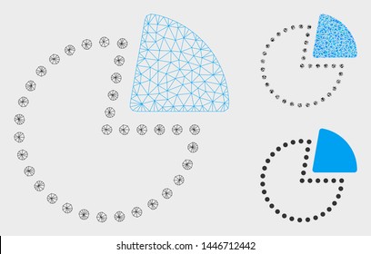 Mesh pie chart model with triangle mosaic icon. Wire frame triangular mesh of pie chart. Vector mosaic of triangle elements in various sizes, and color tinges. Abstract flat mesh pie chart,
