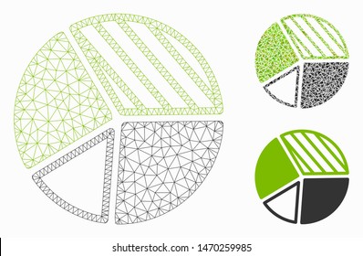 Mesh pie chart model with triangle mosaic icon. Wire carcass polygonal mesh of pie chart. Vector mosaic of triangle parts in various sizes, and color tints. Abstract 2d mesh pie chart,