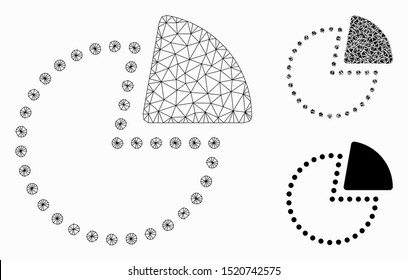 Mesh pie chart model with triangle mosaic icon. Wire carcass triangular mesh of pie chart. Vector mosaic of triangle elements in various sizes, and color tints. Abstract flat mesh pie chart,