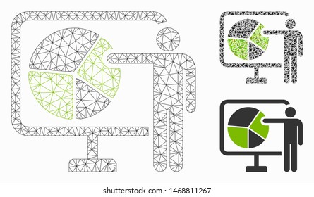 Mesh pie chart public report model with triangle mosaic icon. Wire carcass polygonal mesh of pie chart public report. Vector composition of triangles in different sizes, and color tones.