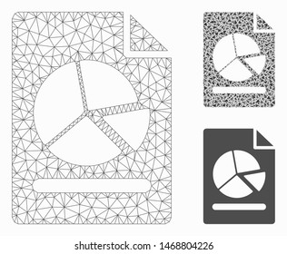 Mesh pie chart report page model with triangle mosaic icon. Wire carcass polygonal network of pie chart report page. Vector mosaic of triangle parts in variable sizes, and color tints.