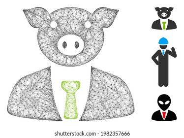 Mesh pig boss polygonal web 2d vector illustration. Model is based on pig boss flat icon. Triangular network forms abstract pig boss flat model.