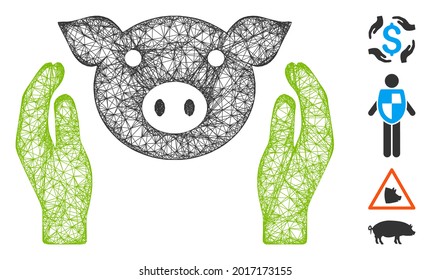 Mesh pig care hands web icon vector illustration. Carcass model is based on pig care hands flat icon. Net forms abstract pig care hands flat model.