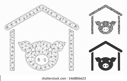 Mesh pig farm model with triangle mosaic icon. Wire carcass polygonal mesh of pig farm. Vector composition of triangle elements in variable sizes, and color tinges. Abstract 2d mesh pig farm,