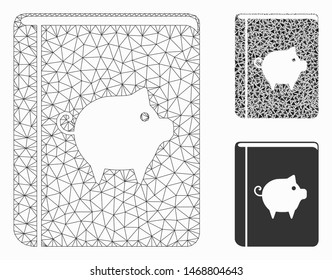 Mesh pig handbook model with triangle mosaic icon. Wire carcass polygonal network of pig handbook. Vector mosaic of triangle parts in various sizes, and color hues. Abstract flat mesh pig handbook,